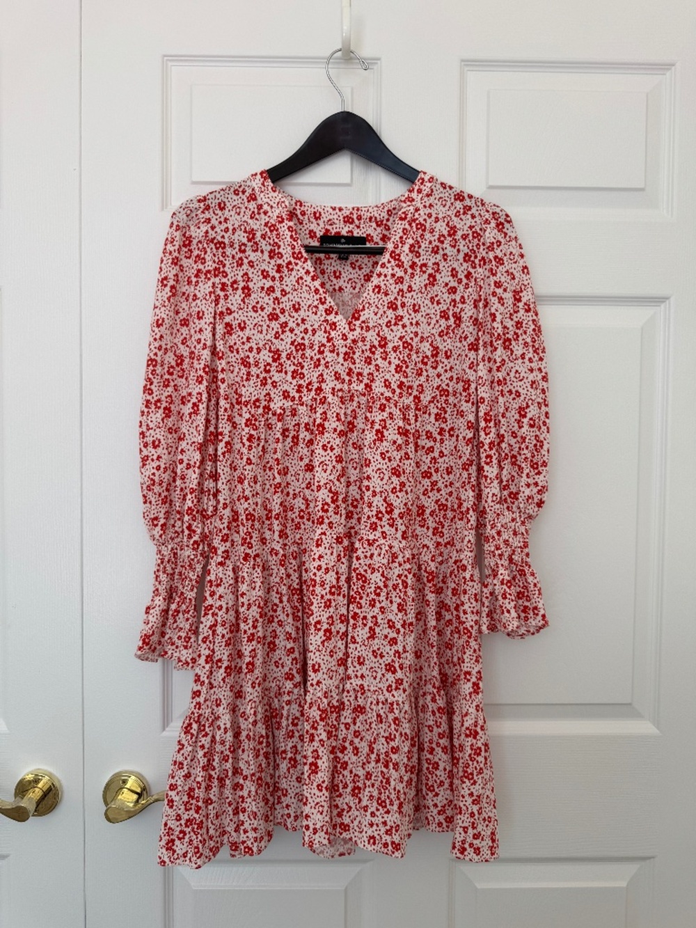 Pomander Place by Tuckernuck Red Floral Mini Dress XS Puff Sleeve Tiered Dress